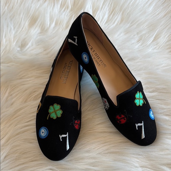 Nicky Hilton x French Sole Lucky Embroidered Black Suede Flats Size 6 - Picture 2 of 15